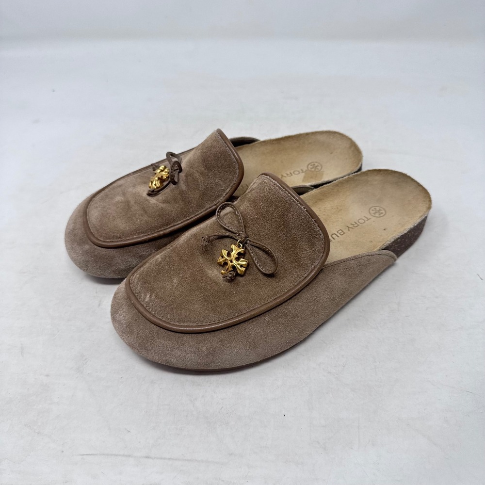 Tory Burch Suede Mule Clogs Brown Size 8 Gold Logo Charm Slip On Shoes